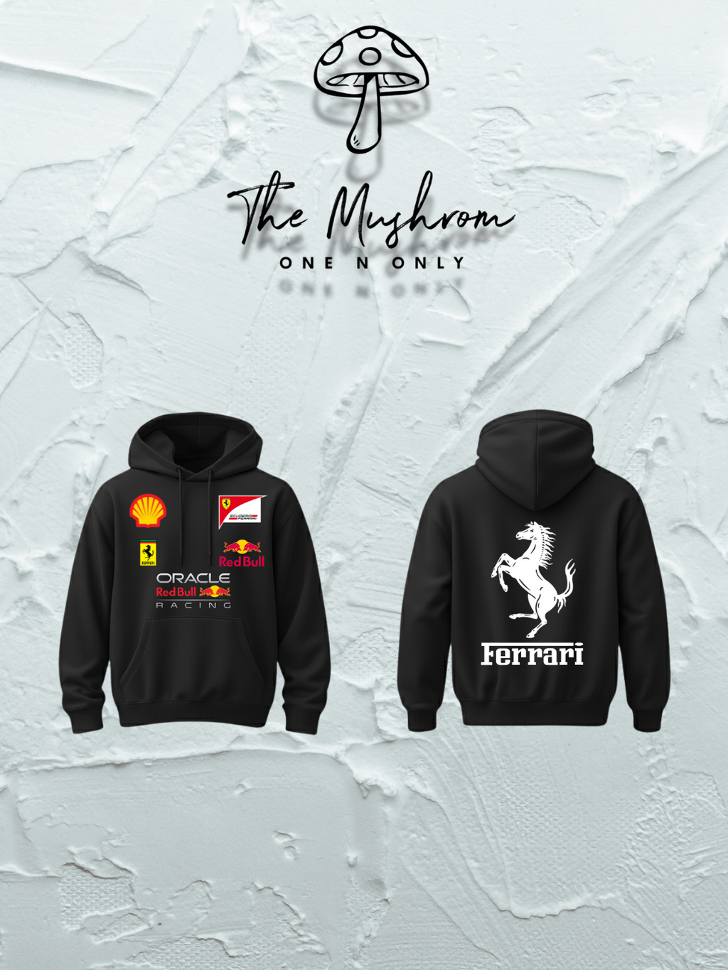 Black hoodie with Formula 1 team logos on the front and Ferrari logo on the back against a textured white background.