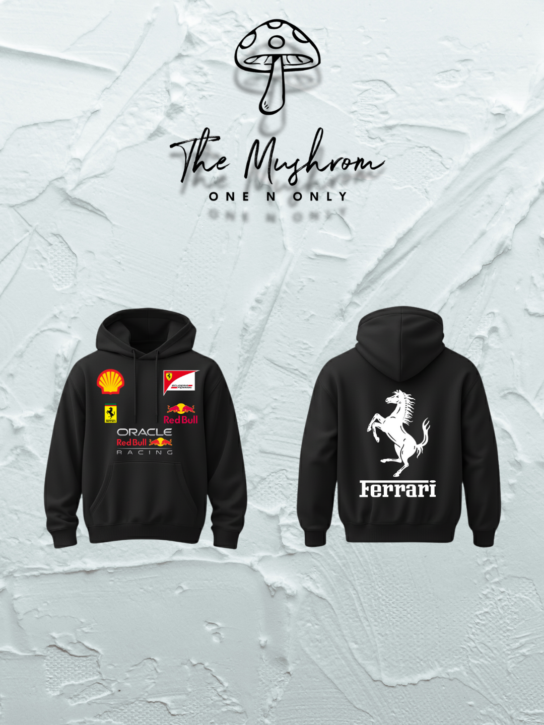 Black hoodie with Formula 1 team logos on the front and Ferrari logo on the back against a textured white background.