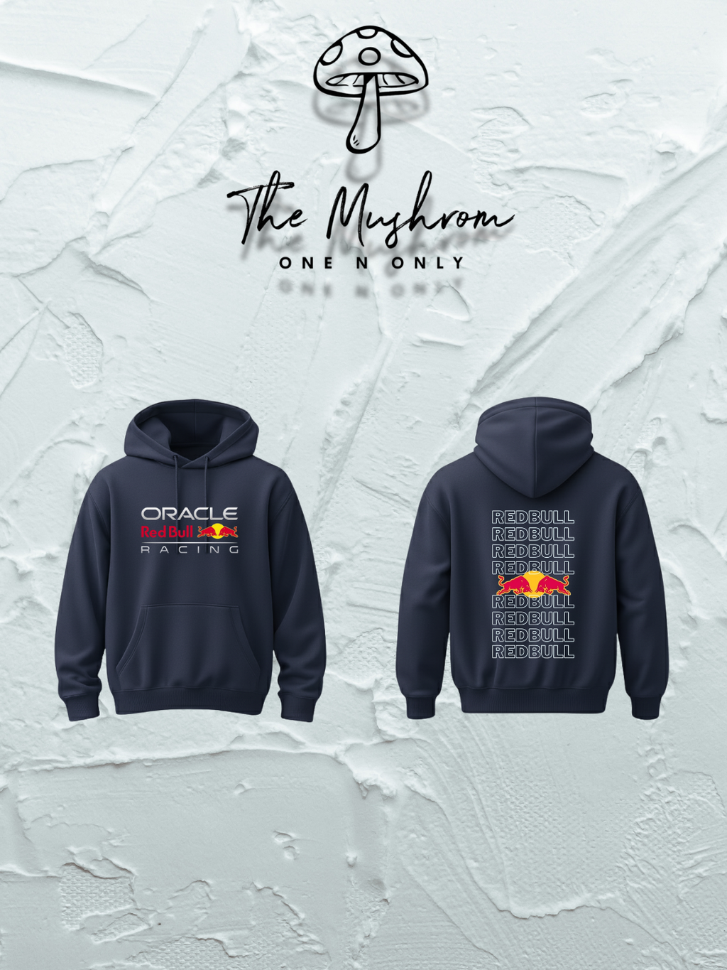 Two navy blue hoodies with Oracle Red Bull Racing logo on a textured white background.