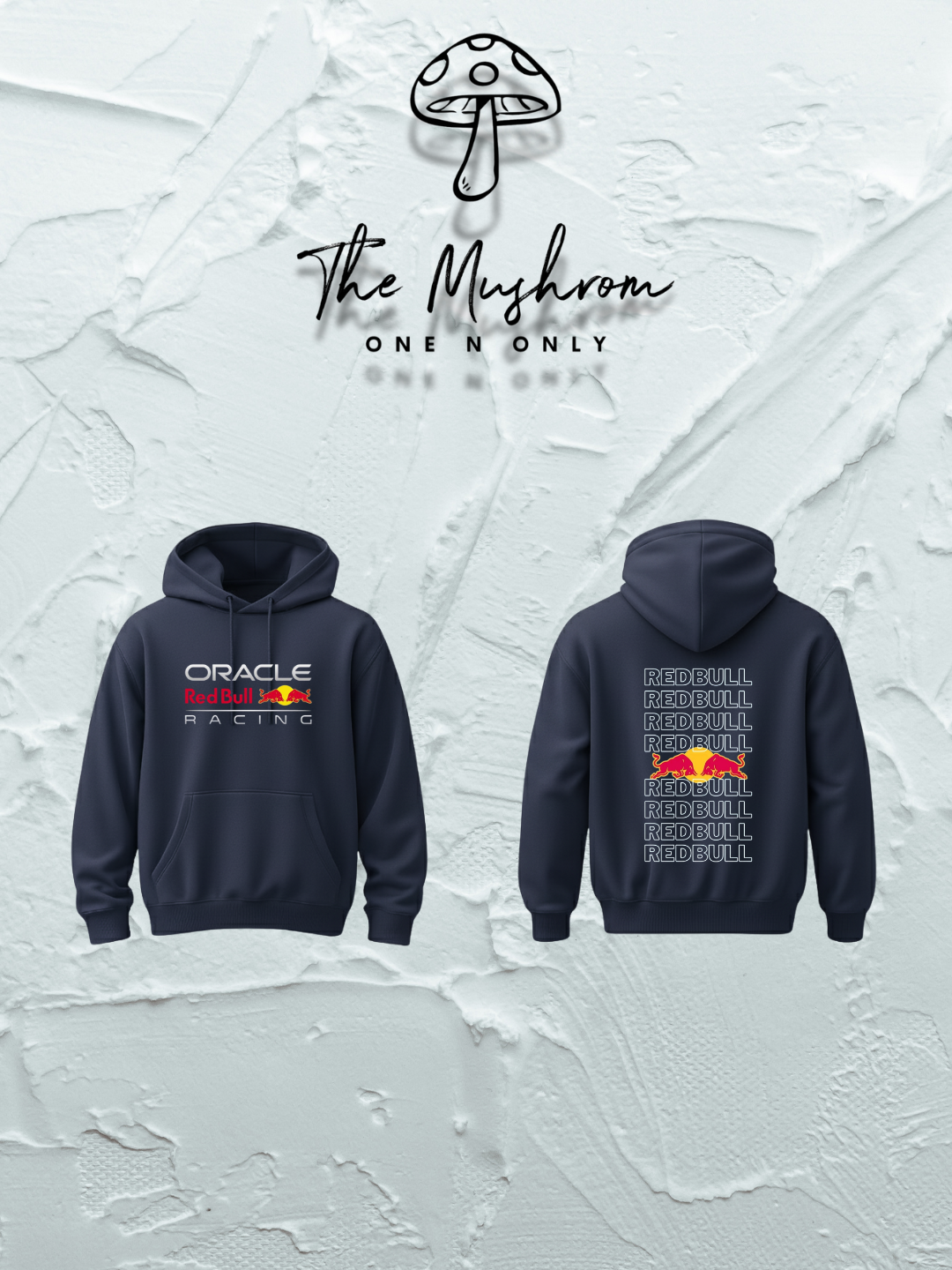 Two navy blue hoodies with Oracle Red Bull Racing logo on a textured white background.