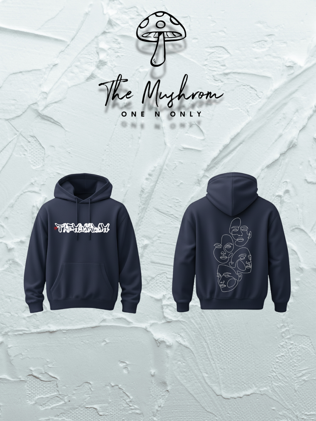 Navy blue hoodie with front and back designs on a textured white background, featuring 'The Mushrom' brand.
