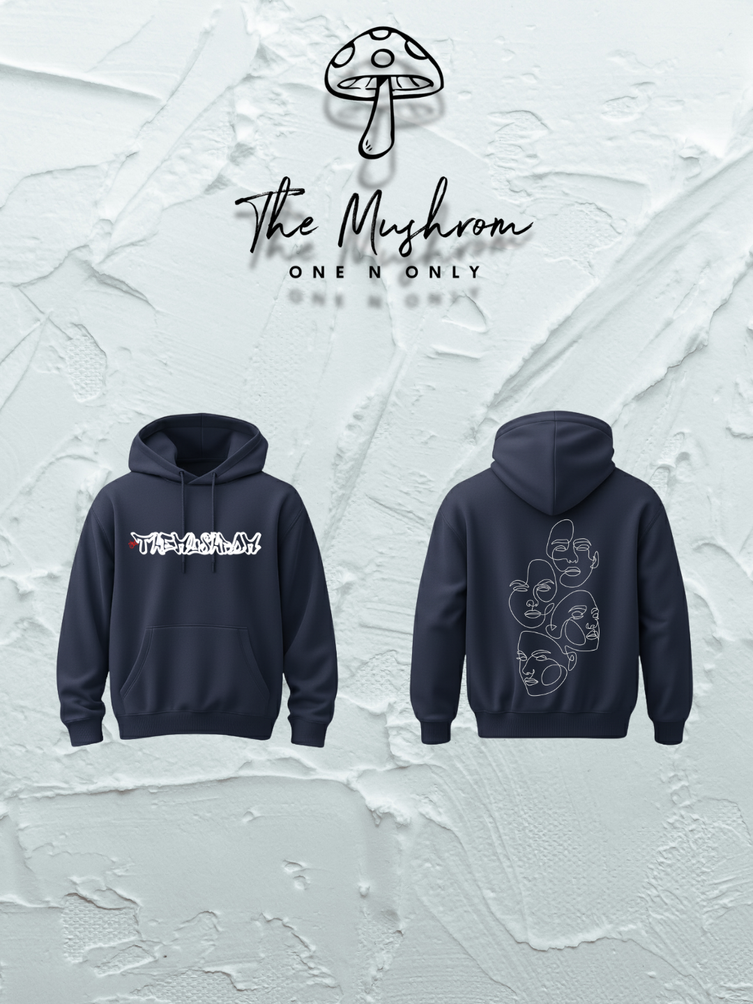 Navy blue hoodie with front and back designs on a textured white background, featuring 'The Mushrom' brand.