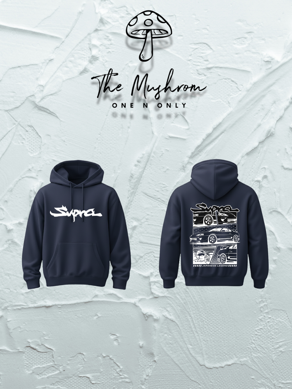 Black hoodie with 'Supreme' logo on front and back design, brand 'The Mushrom' visible.