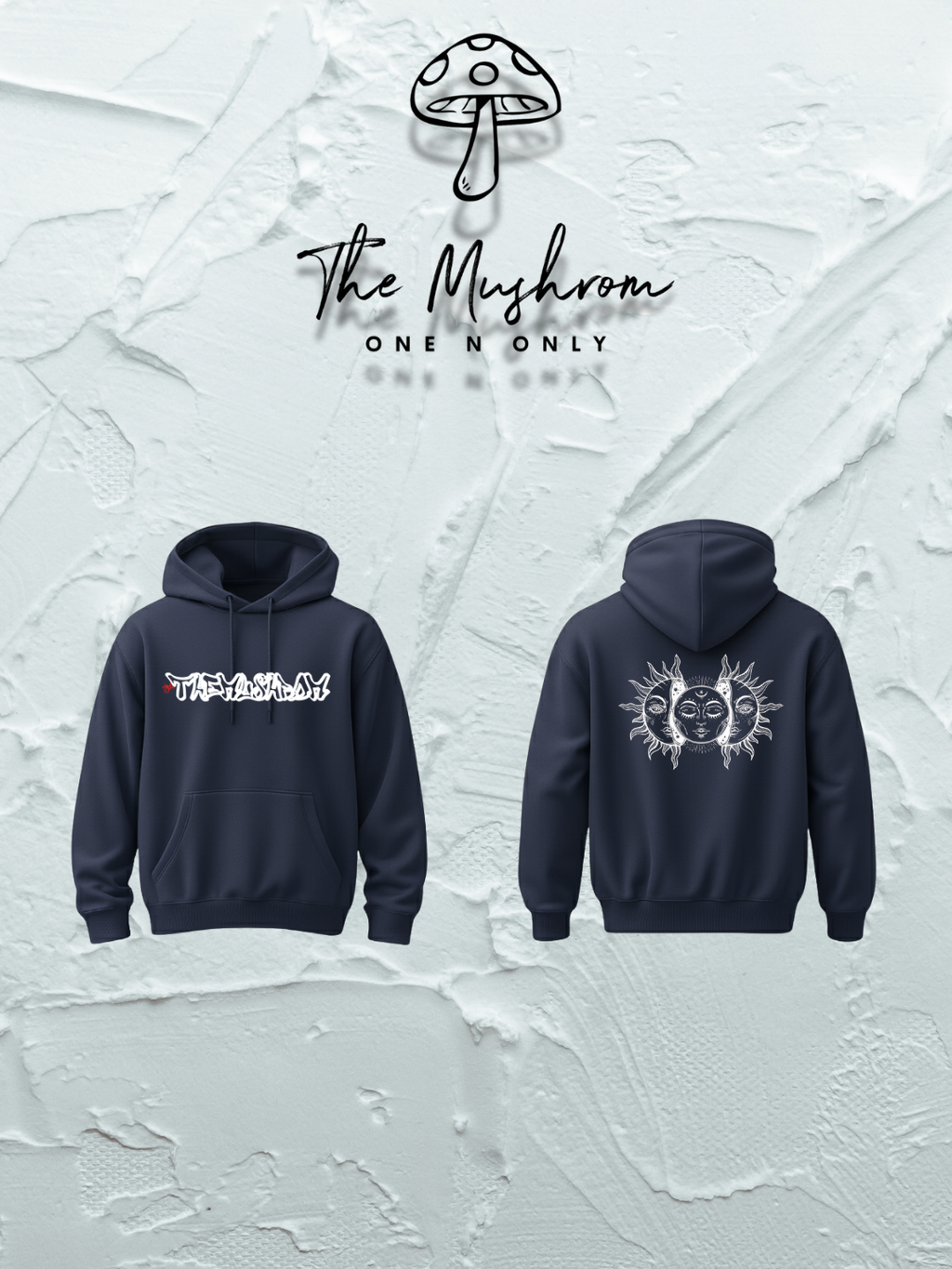 Navy blue hoodie with front and back designs on a textured white background, featuring 'The Mushrom' brand.