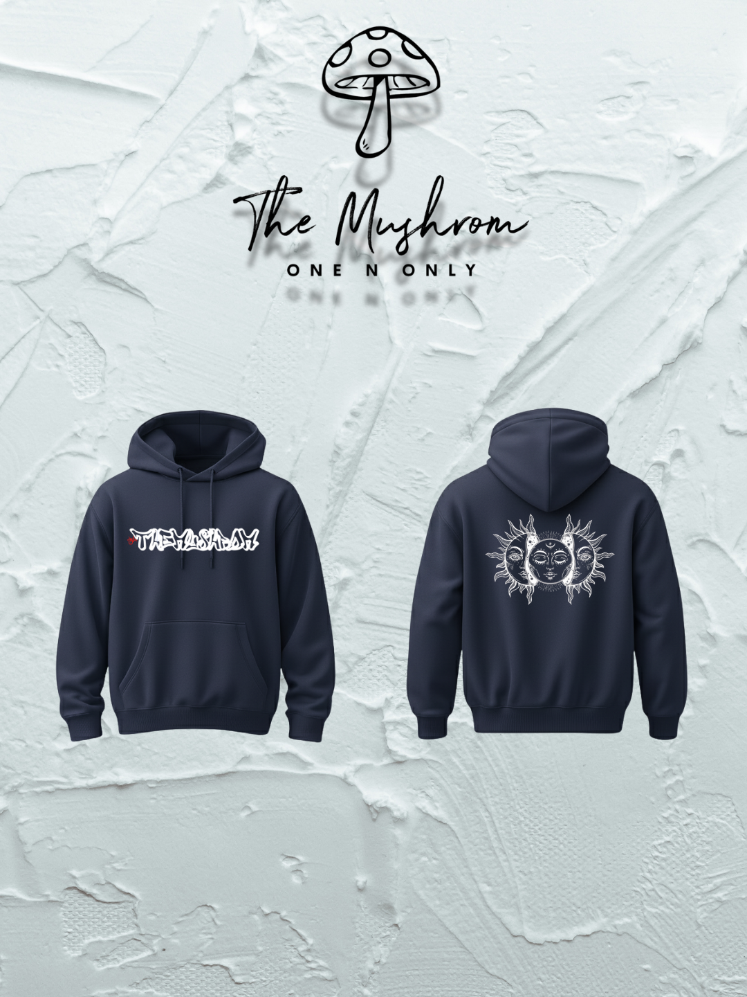 Navy blue hoodie with front and back designs on a textured white background, featuring 'The Mushrom' brand.